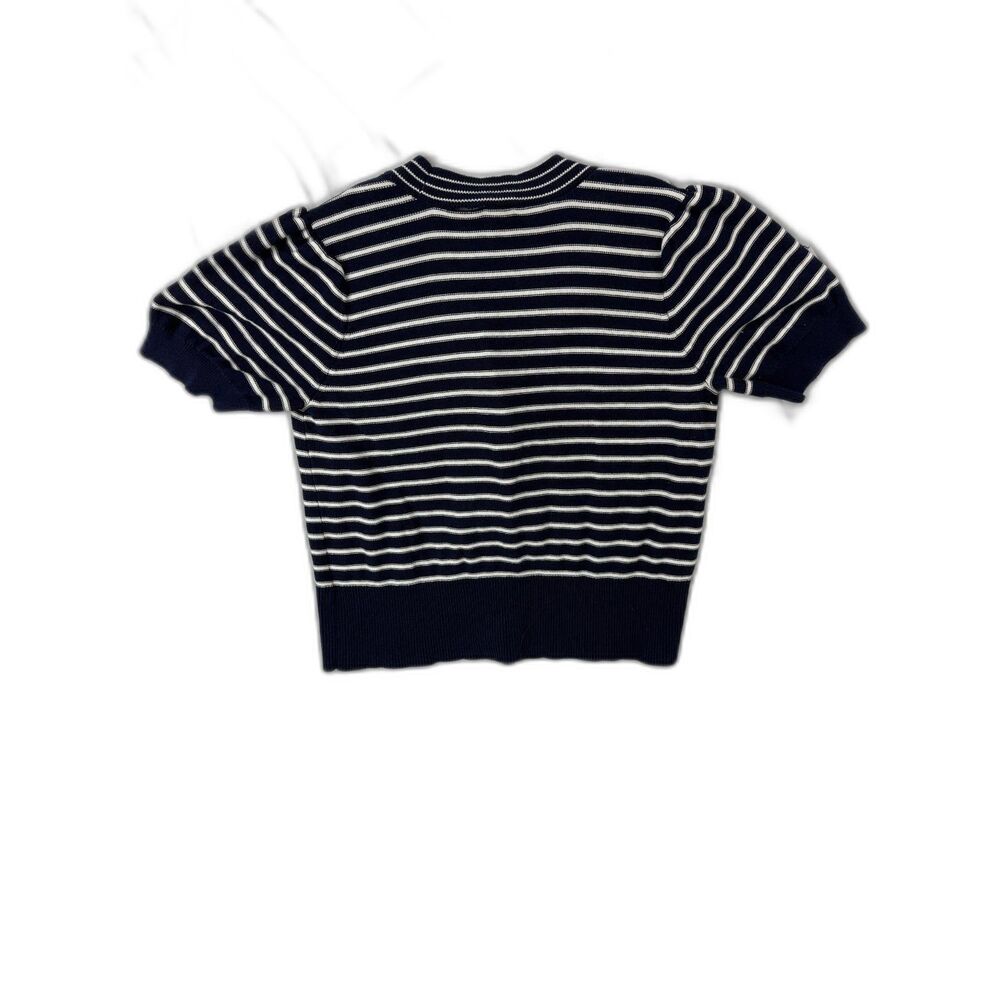 Anne Klein Women's M Navy White Striped Short Sleeve Bow Front Knit Cardigan - Picture 2 of 3